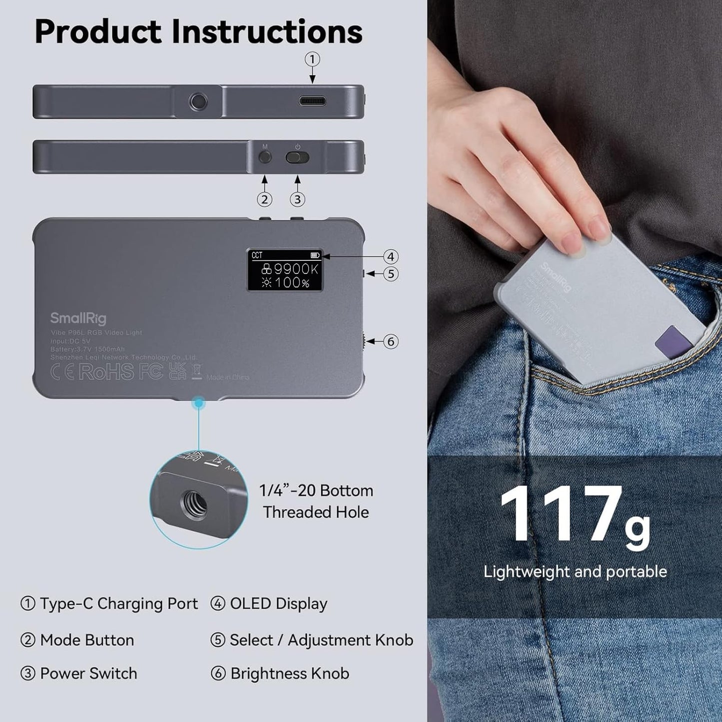 P96L RGB Video Light by SmallRig, Portable Metal LED Camera Light, 2500-8000K, 21 Effects, CRI 96+, OLED Display, Photo and Video Lighting, Long Battery Life, Fits Phone and Camera