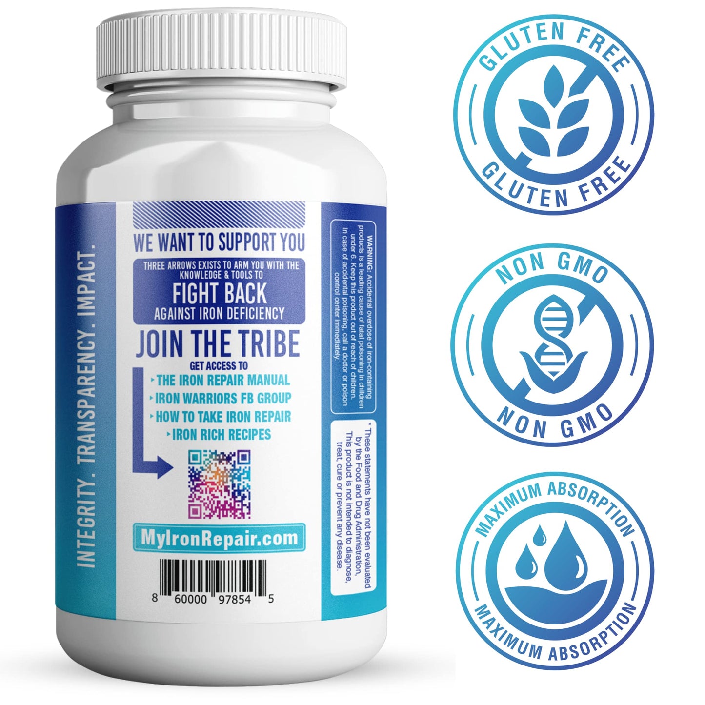 Iron Repair Simply Natural Iron Supplement, Best Absorption & Gentle on Stomach, Monash Low FODMAP, Raise Hemoglobin & Ferritin Iron Pills for Women, Men, Teens, & Pregnancy 90 Bovine Gelatin Capsules