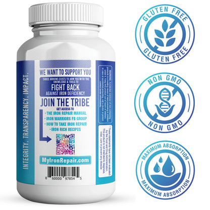 Iron Repair Simply Natural Iron Supplement, Best Absorption & Gentle on Stomach, Monash Low FODMAP, Raise Hemoglobin & Ferritin Iron Pills for Women, Men, Teens, & Pregnancy 90 Bovine Gelatin Capsules