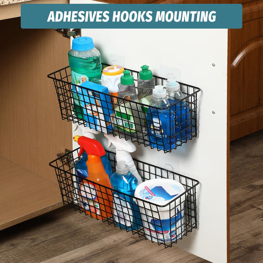 4 Set [EXTRA LARGE] Hanging Wall Mount Storage Baskets with Adhesive Hooks & Steel Hooks, Multiuse Sturdy Wire Metal Organizing Baskets for Home Kitchen Bathroom Pantry Utility Organizer, Black