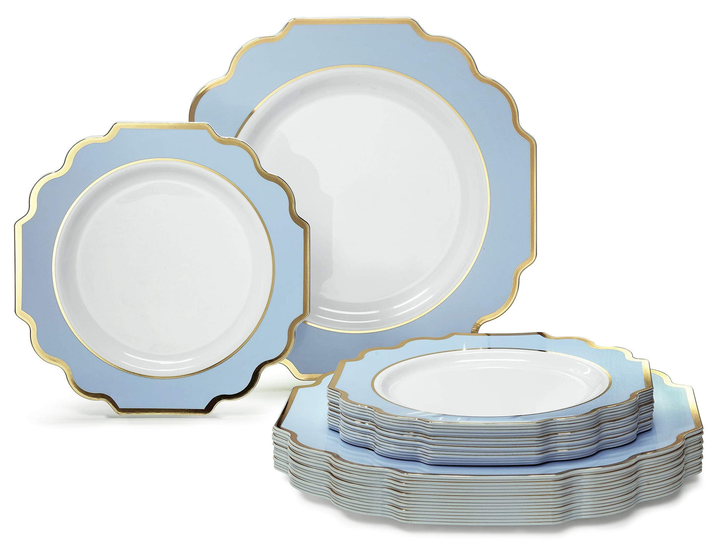 " OCCASIONS " 50 Plates Pack (25 Guests)-Heavyweight Wedding Party Disposable Plastic Plate Set -(25x10.5'' Dinner + 25x8'' Salad/dessert (Imperial in White/Blue & Gold)