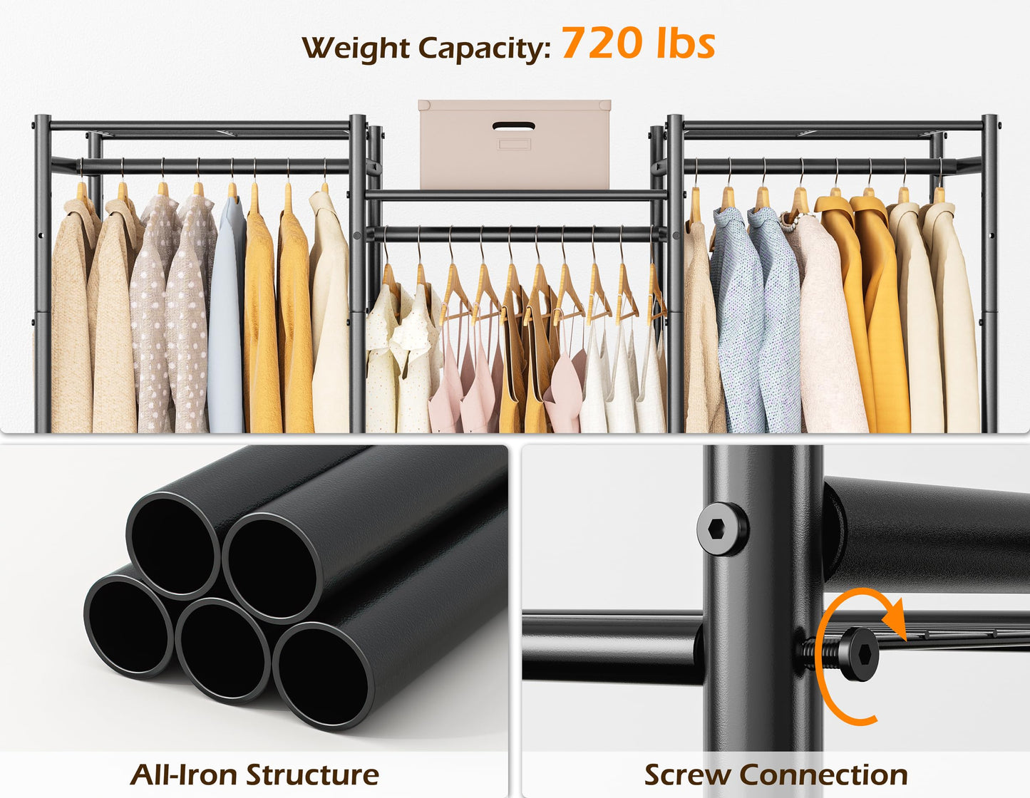 HOMIDEC Wardrobe Closet, 4 Hanging Spaces Portable Clothes Rack,Free Standing Closet Organizer and Storage System with Hanging Rods,Clothing Rack Suitable for Cloakroom,Bedroom,Entrances,etc.Black