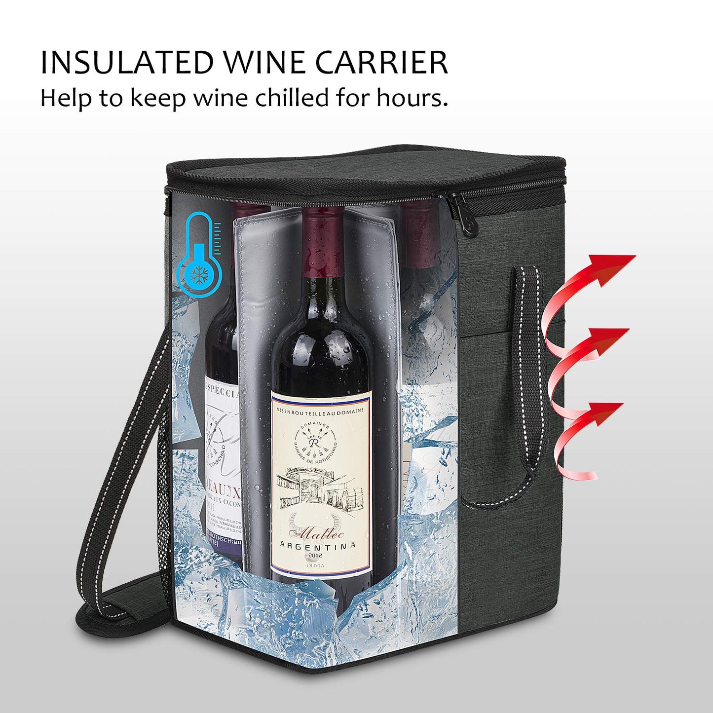 6 Bottle Wine Gift carrier - Insulated & Padded Wine Carrying Cooler Tote Bag with Handle and Adjustable Shoulder Strap for Travel or Picnic, IDEAL Wine Lover Gift, Black