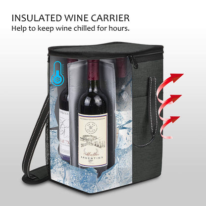 6 Bottle Wine Gift carrier - Insulated & Padded Wine Carrying Cooler Tote Bag with Handle and Adjustable Shoulder Strap for Travel or Picnic, IDEAL Wine Lover Gift, Black