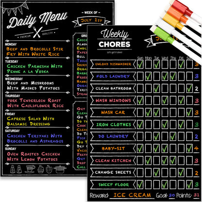 Magnetic Dry Erase Chore Chart and Menu Board Set for Kitchen Fridge - 11" x 17" Responsibility & Behavior Refrigerator Reward Incentive for Kids - 11" x 17" Weekly Meal Planner Blackboard