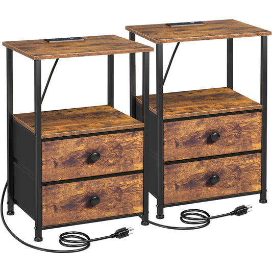 LOAKEKEL Night Stand Set 2, Nightstand with Charging Station, End Tables with Storage Shelf for Small Spaces, Bedside Table Side Tables with 2 Fabric Drawers for Bedroom, Rustic Brown, HETS020PBR