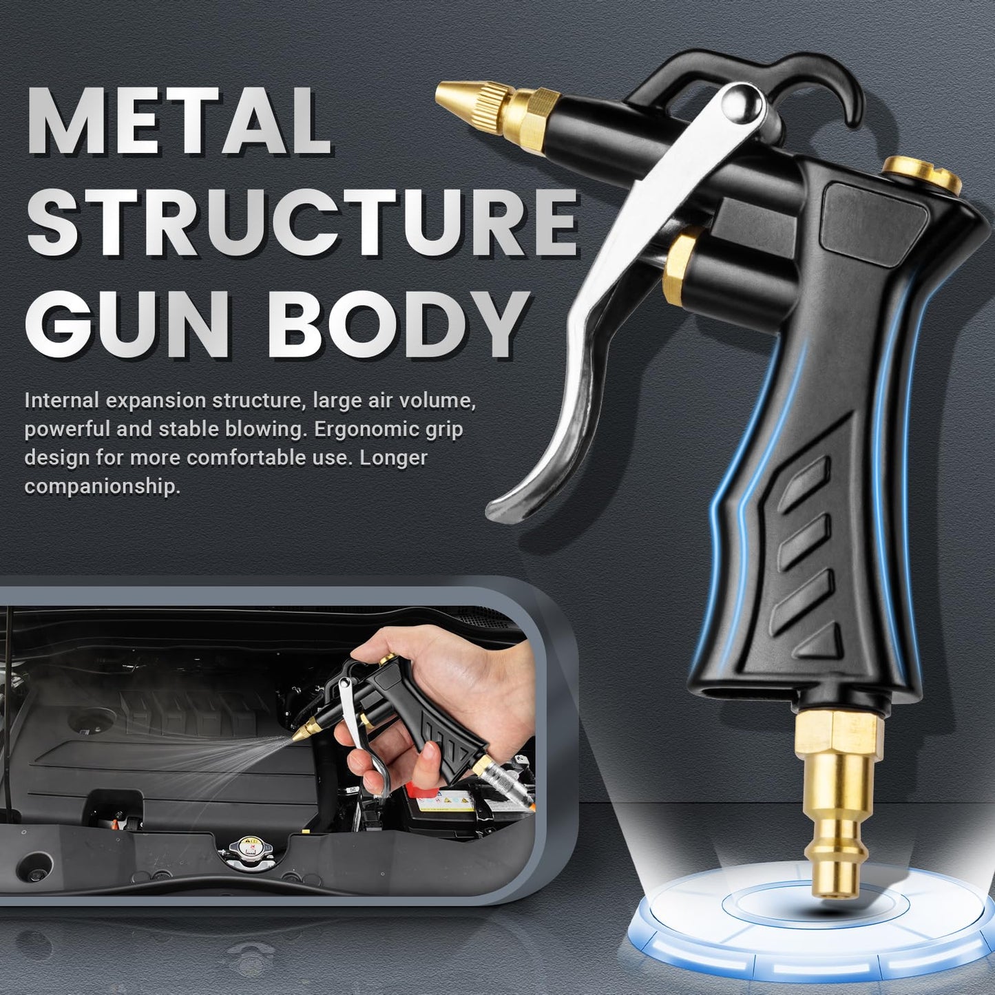 High Volume Air Blow Gun with Brass Adjustable Nozzle, Industrial Blower Gun with 2 Steel Extensions and 13.7 Inch Universal Hose, Pneumatic Air Compressor Accessory Tool