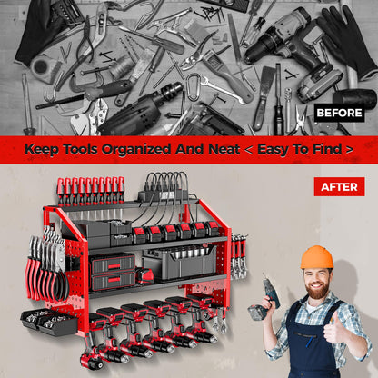 LBT Power Tool Organizer With Charging Station,Patented,Heavy Duty Steel,6 Drilling Rig Sizes With Hooks And Screw Boxes,6 sockets,Easy To Install Garage Storage Rack,Great Gift For Men, Red