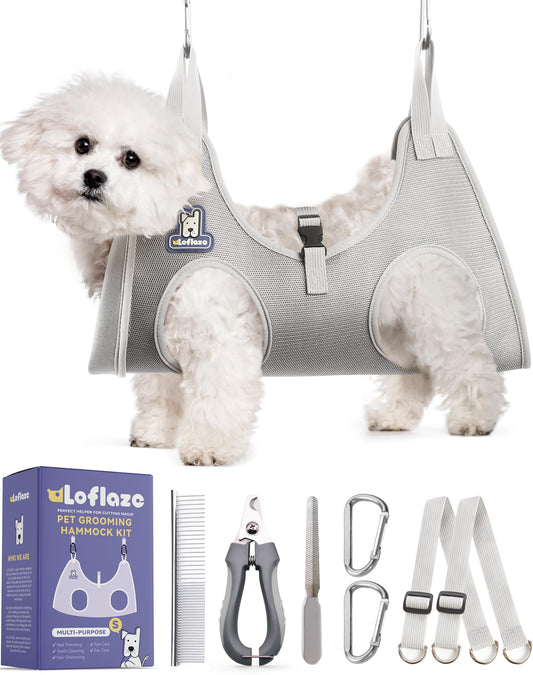Loflaze Dog Grooming Hammock Harness for Dogs & Cats with Pet Nail Clipper Trimmer - Cat Hanger Sling for Trimming Clipping Nails- Dog Hammock Restraint Bag for Small Medium Large pet （ Grey S ）