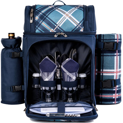 ALLCAMP Picnic Basket Backpack Cooler for 2 Person with 2 Insulated Cooler Compartment,Detachable Bottle/Wine Holder, Fleece Blanket, Plates and Cutlery for Family,Couple and Friend Gatherings (Blue)