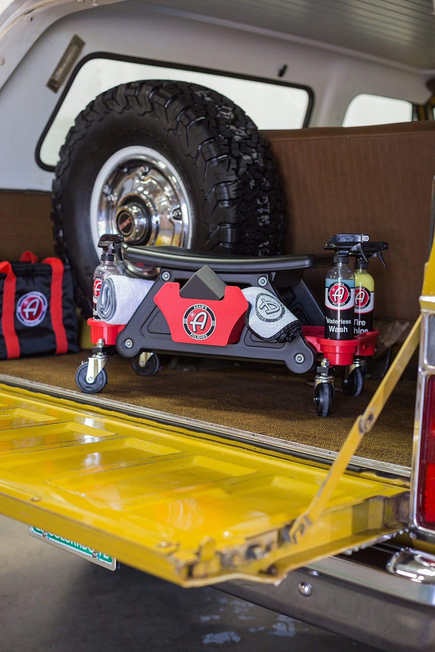 Adam's Polishes Mobile Rolling Utility Creeper Seat for Mechanics & Detailers - With Storage Trays for Tools