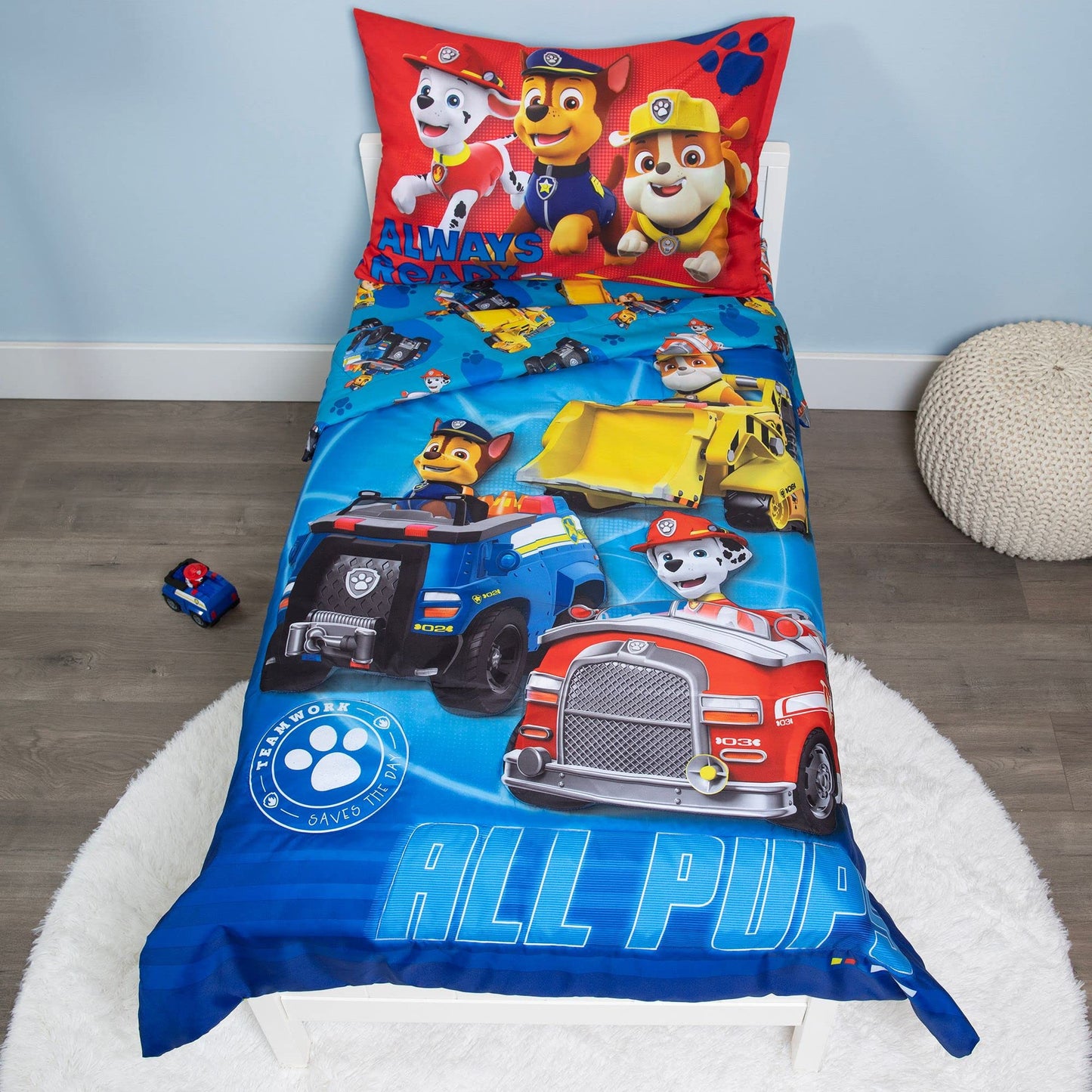 Paw Patrol Calling All Pups 4 Piece Toddler Bedding Set – Includes Comforter, Sheet Set – Fitted + Top Sheet + Reversible Pillowcase for Boys Bed, Blue
