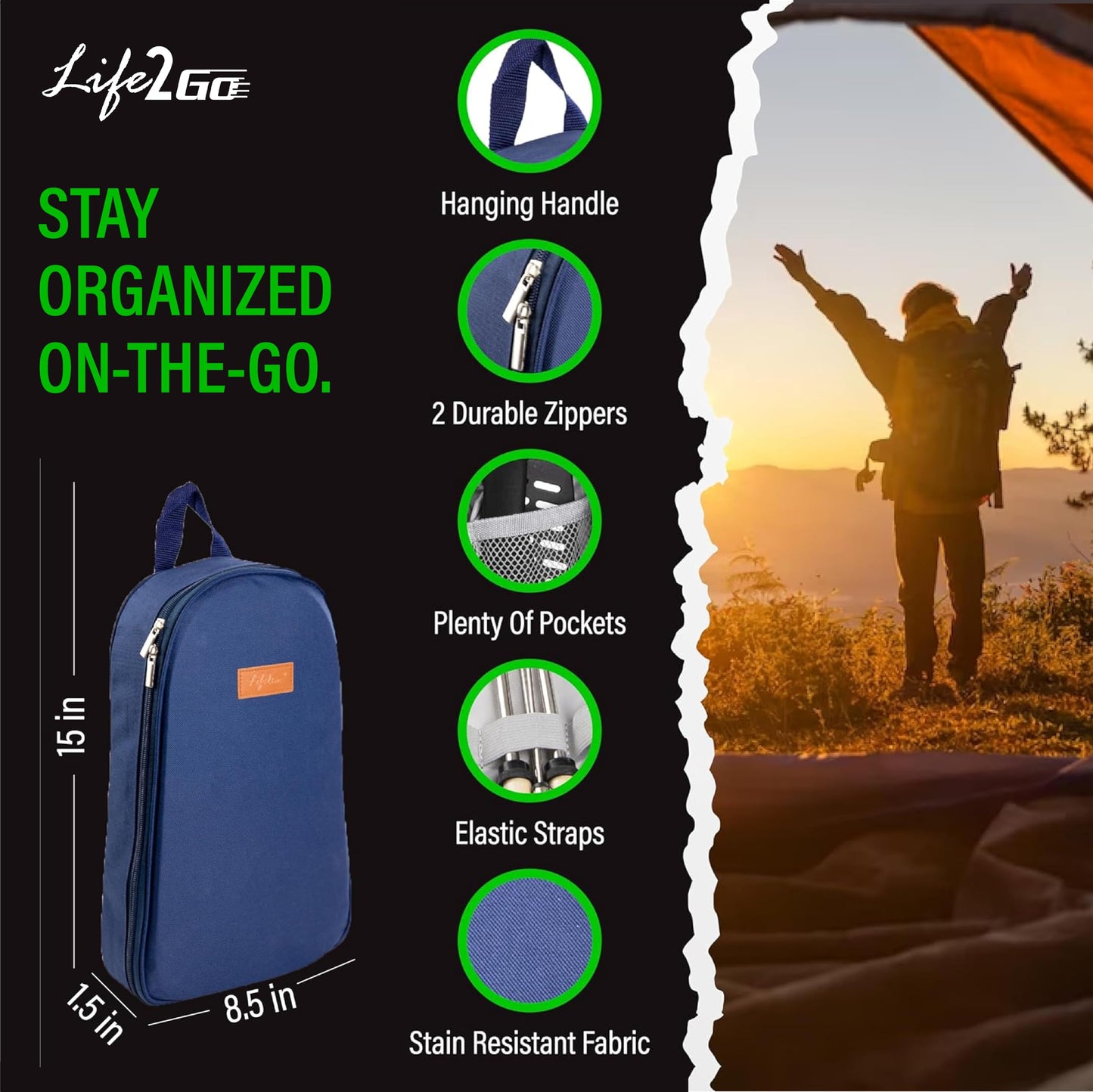 Life 2 Go 12 Pcs Camp Cooking Utensil Set & Outdoor Kitchen Gear Cookware Kit, Portable Compact Carry Case for Camping, Hiking, Travel, BBQ Grilling Stainless Steel Accessories Spoon & Fork, Navy