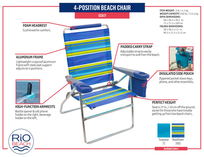 Rio Brands 17" Extended Height 4-Position Folding Beach, Camping, Lawn Chair, Blue/White/Green