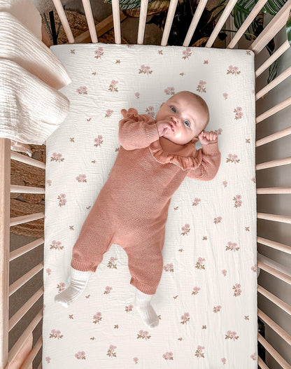 Pack and Play Sheets for Baby Boy and Girl 2 Pack, Neutral Muslin Cotton Pack N Play Mattresses Sheet 27"x39", Muslin Nursery Bedding Soft and Breathable Comfort (Vintage Blossom & Pink)