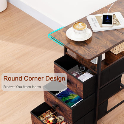 AMHANCIBLE End Tables Living Room with Charging Station, Narrow Side Table with USB Ports and Outlets, Slim Nightstand with 3 Fabric Drawers for Bedroom, Small Space, Rustic Brown, HETN013BR-1