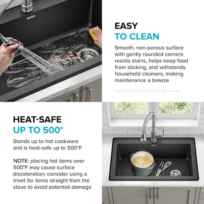 KRAUS Forteza 33-inch Drop In/Undermount Single Bowl Granite Kitchen Sink in Black, KGD-54BLACK