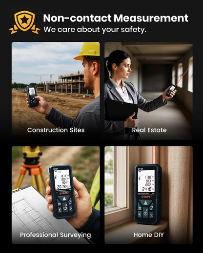 Laser Measure, DTAPE 165 Ft Digital Laser Distance Meter, Upgraded High-Accuracy Laser Measuring Tool, Electronic Tape Measure, 2" Backlit LCD Display, Area/Volume/Indirect Measurement, in/Ft/Ft+in/M