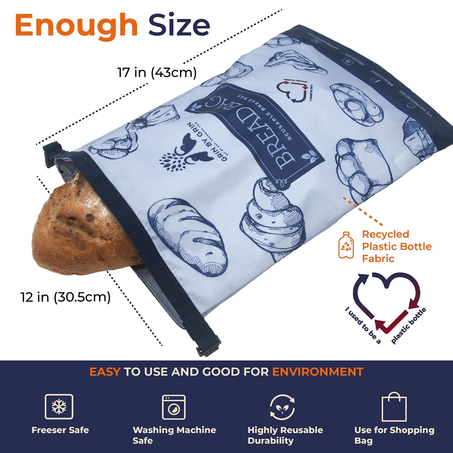 GRIN BY GRIN- 2 Packs Bread Bags, Zipper Reusable Bread Bags for Homemade Loaf, Freezer Sourdough Container, Fresh Keeping Extra Large, Reusable Food Storage Bag