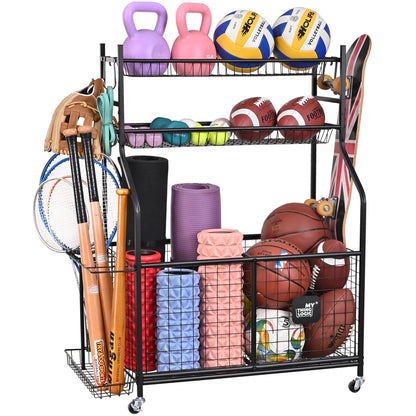 Mythinglogic Sports Equipment Garage Organizer,Garage Ball Storage for Sports Gear and Toys, Rolling Ball Cart with Wheels for Indoor/Outdoor Use