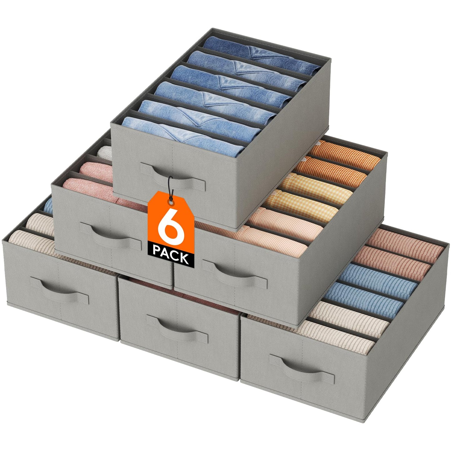 Lifewit Wardrobe Clothes Organizer 6 Pack, Large Size 6 Grids Closet Jean Storage Bins with Handles and Support Boards, Foldable Drawer Dividers for Sweater, Pants, T-shirt, Hoodie, Dress, Grey