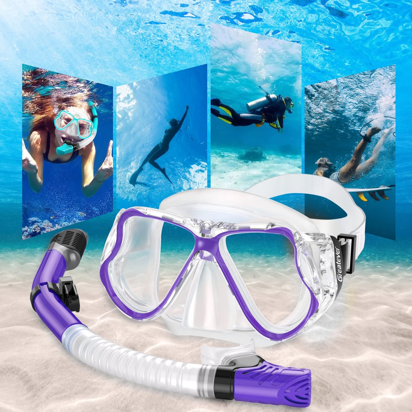 Greatever Dry Snorkel Set,Panoramic Wide View,Anti-Fog Scuba Diving Mask,Professional Snorkeling Gear for Adults