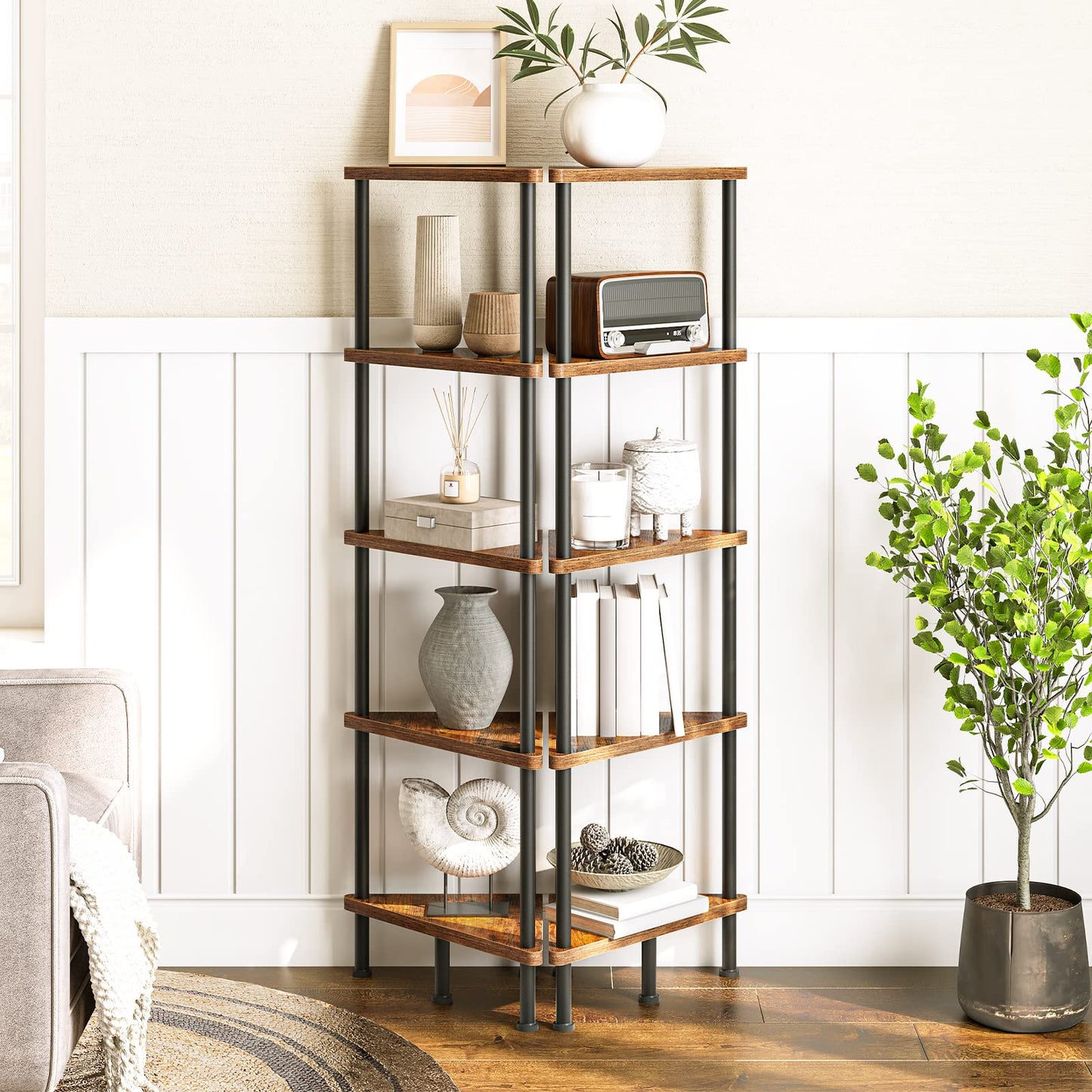 HOOBRO Corner Shelf Stand, Industrial 5-Tier Corner Bookshelf with Metal Frame, Plant Display Shelf, Small Bookcase for Small Spaces, Bedroom, Living Room, Rustic Brown BF33CJ01
