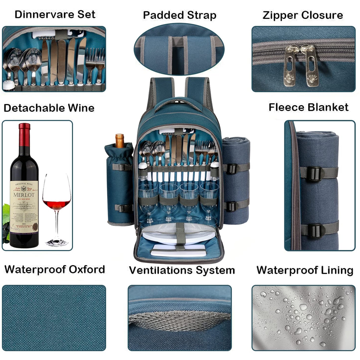 Hap Tim Picnic Basket Backpack for 4 Person with Blanket, Wine Holder, Cooler Compartment, Cutlery Set, Couples Gifts, Mr & Mrs Gifts, Bridal Shower Gifts, Registry Wedding Registry, Blue (3065-BL)