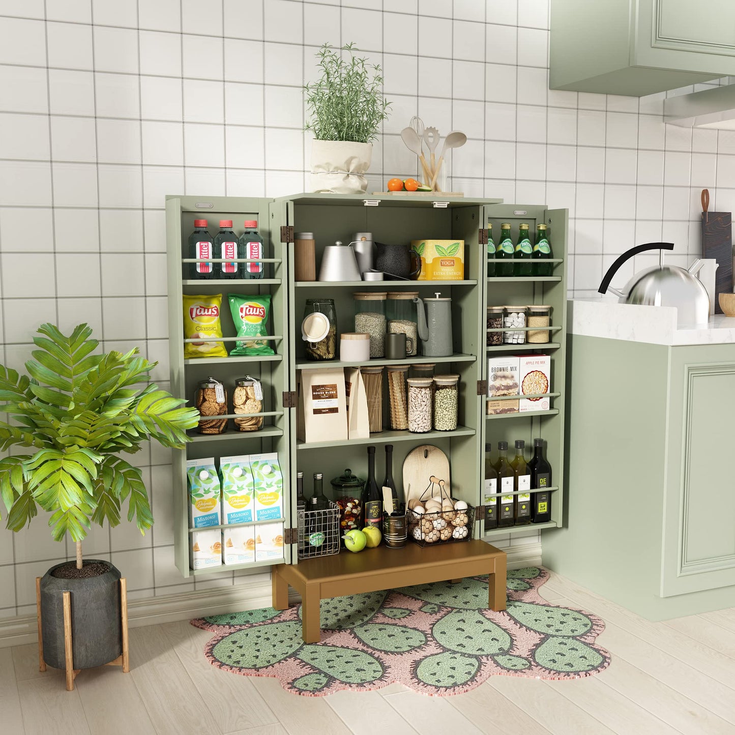 HOLTICO 45'' Kitchen Food Pantry Storage Cabinet with Doors and Adjustable Shelves for Kitchen,Dining Room,Living Room and Garage,Gold Lines and Legs,Green.