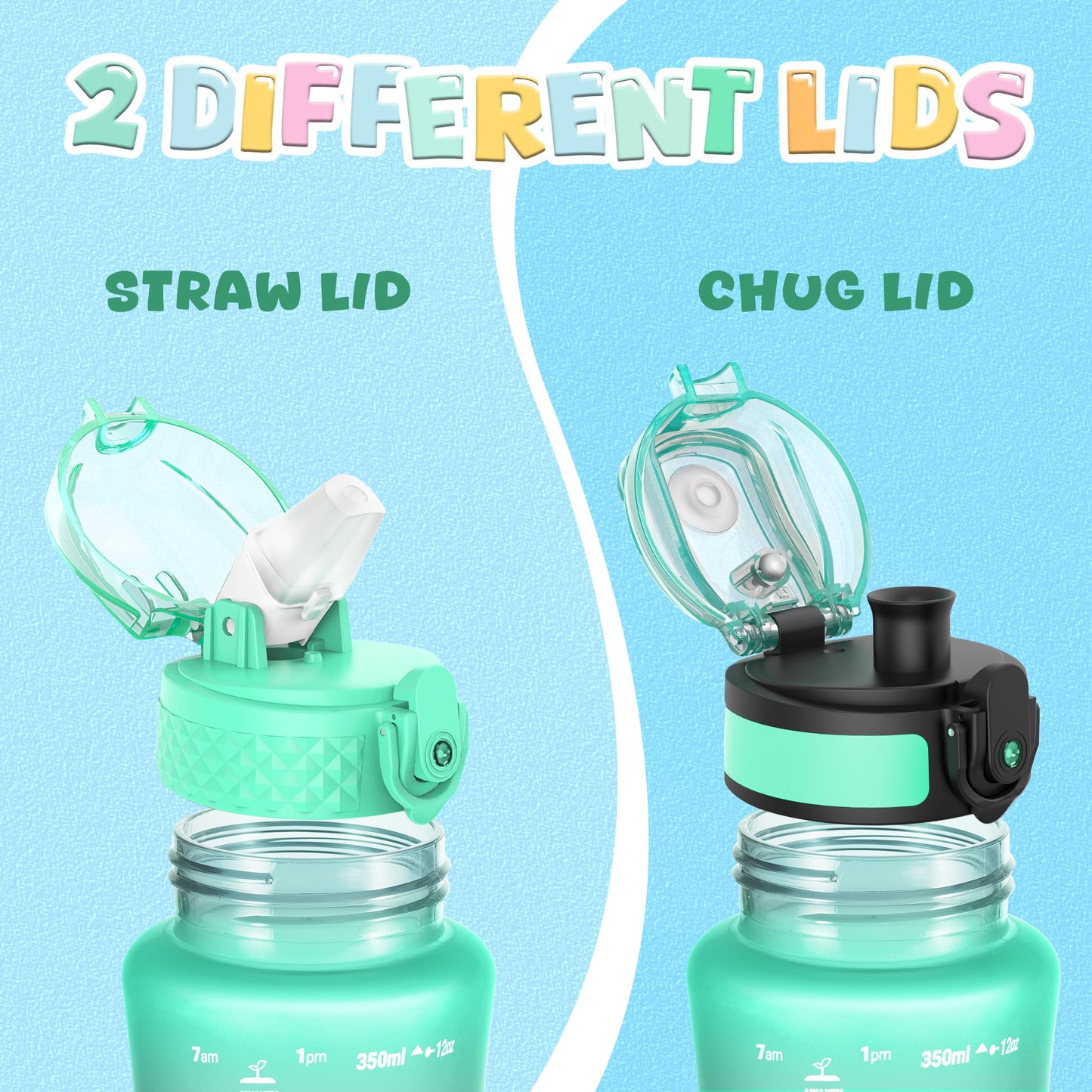 OLDLEY Kids Water Bottle for School, 12 oz (2 lids) BPA-Free Reusable Leak-proof Durable Tritan Plastic Water Bottles with Straw & Chug Lids, Anti-dust Spout Cover (Green Purple)