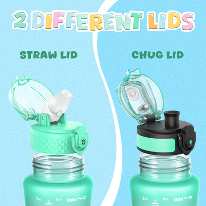 OLDLEY Kids Water Bottle for School, 12 oz (2 lids) BPA-Free Reusable Leak-proof Durable Tritan Plastic Water Bottles with Straw & Chug Lids, Anti-dust Spout Cover (Green Purple)