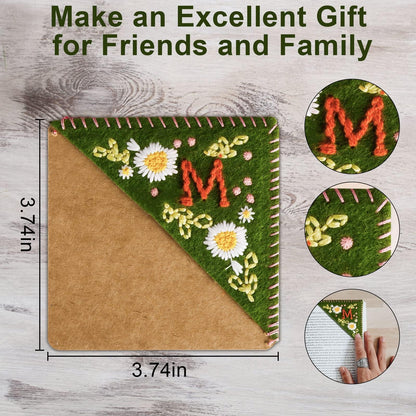MOTEERLLU Personalized Hand Embroidered Corner Bookmark,Felt Triangle Page Stitched Handmade Bookmark,Unique Cute Flower Letter Embroidery Bookmarks Accessories for Book Lovers