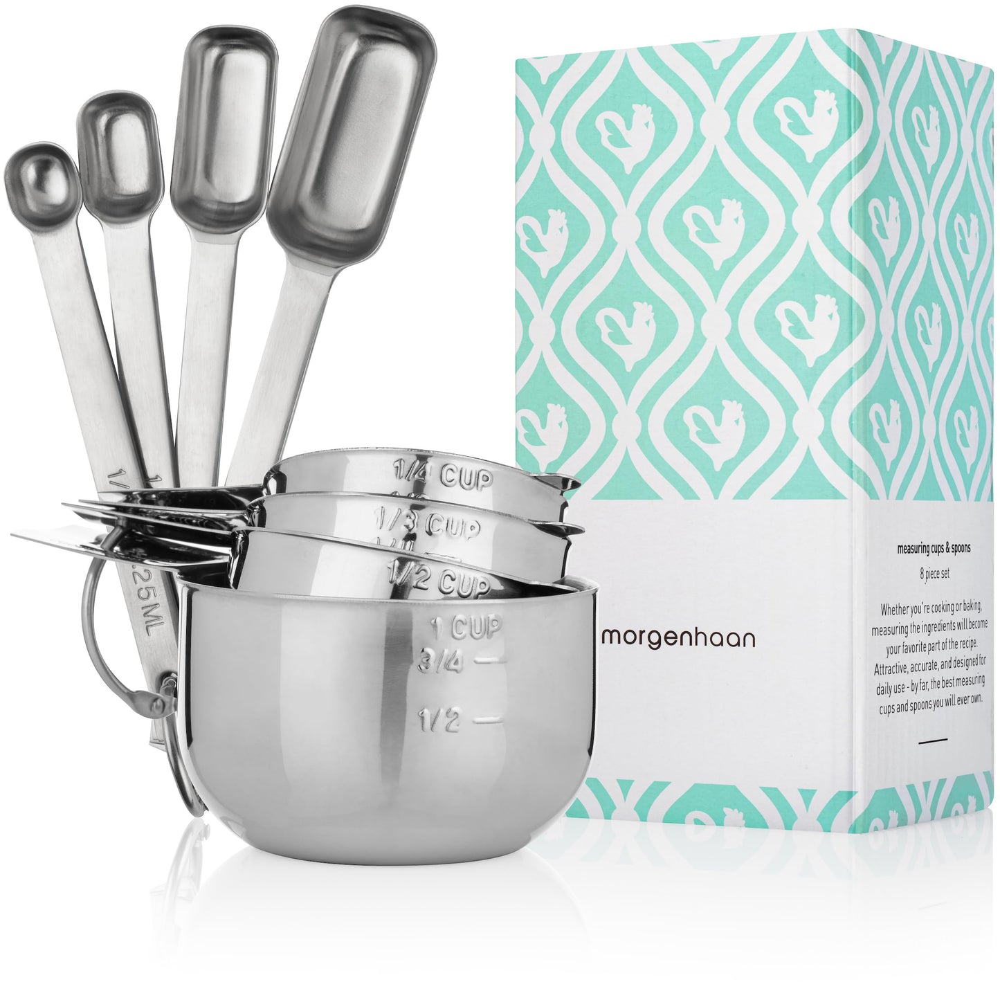Morgenhaan Premium 304 Stainless Steel Measuring Kit - 8-Piece Essential Cups and Spoons for Everyday Use, Stackable & Durable
