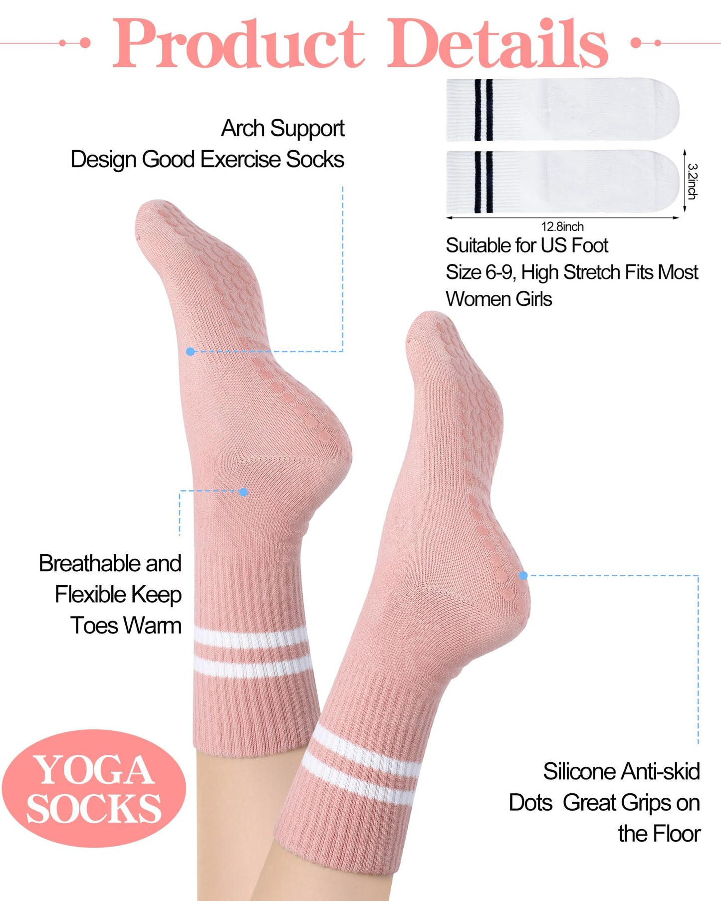Sintege 6 Pairs Pilates Socks with Grips for Women Non Slip Yoga Crew Socks for Barre Ballet Dance Barefoot Workout Hospital(Stylish Colors)