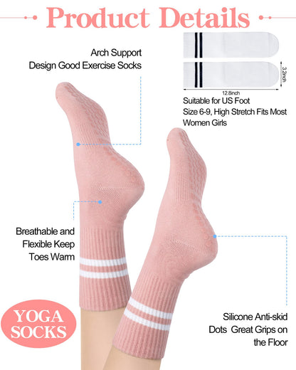Sintege 6 Pairs Pilates Socks with Grips for Women Non Slip Yoga Crew Socks for Barre Ballet Dance Barefoot Workout Hospital(Stylish Colors)