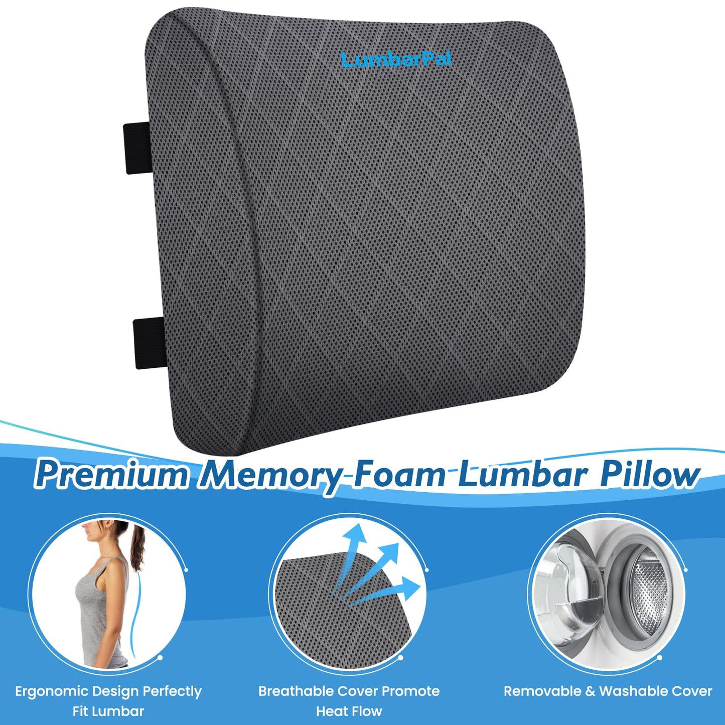 Lumbar Support Pillow for Office Chair Back Support Lumbar Pillow for Car, Gaming, Office Chair - Improve Sitting Posture & Back Pain Relief, Memory Foam, Adjustable Straps, Grey