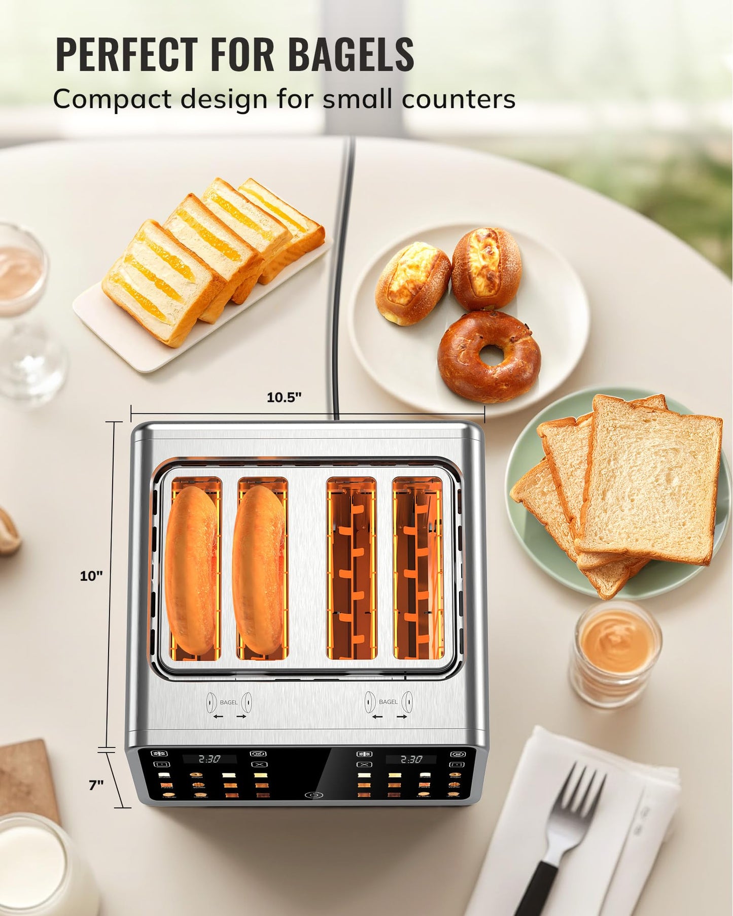 Keenstone Toaster 4 Slice, Digital Smart Toaster with TouchScreen, Dual Control Panel, Single Slot Toasting, Timer, Reheat & Defrost for Bagels, Bread, Waffles, Stainless Steel Kitchen Essentials