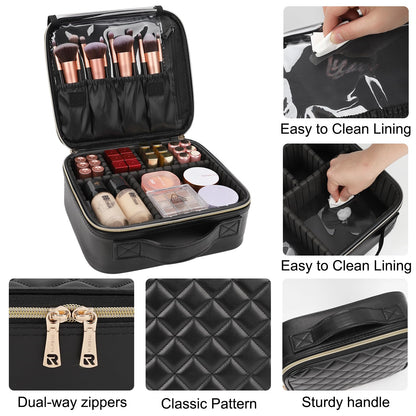 Relavel Makeup Bag, Travel Cosmetic Train Case Organizer Portable Artist Storage Bag with Adjustable Dividers for Cosmetics Makeup Brushes Toiletry Jewelry Digital Accessories Quilted Leather Black