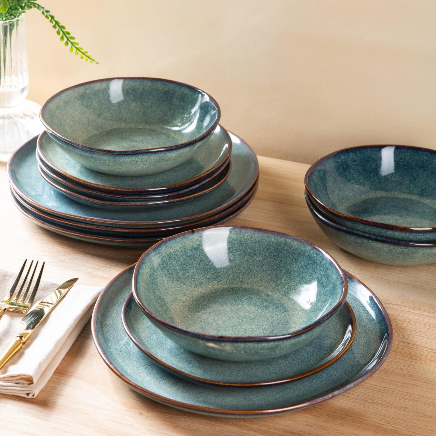 AmorArc Ceramic Dinnerware Sets,Handmade Reactive Glaze Stoneware Plates and Bowls Sets,Highly Chip and Crack Resistant | Dishwasher & Microwave Safe Dishes Set,Service for 4 (12pc)