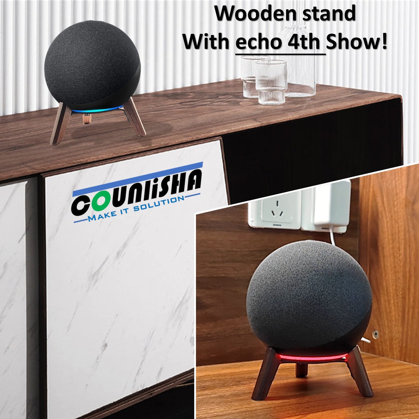 Real Wood Stand for Echo (4th Gen) Speaker (2020),Tripod Holder Accessories Protect Alexa Speaker for Sound Better,Secure Stable Wooden Mount with Metal Frame for Echo Newest Model 2024 (Walnut)