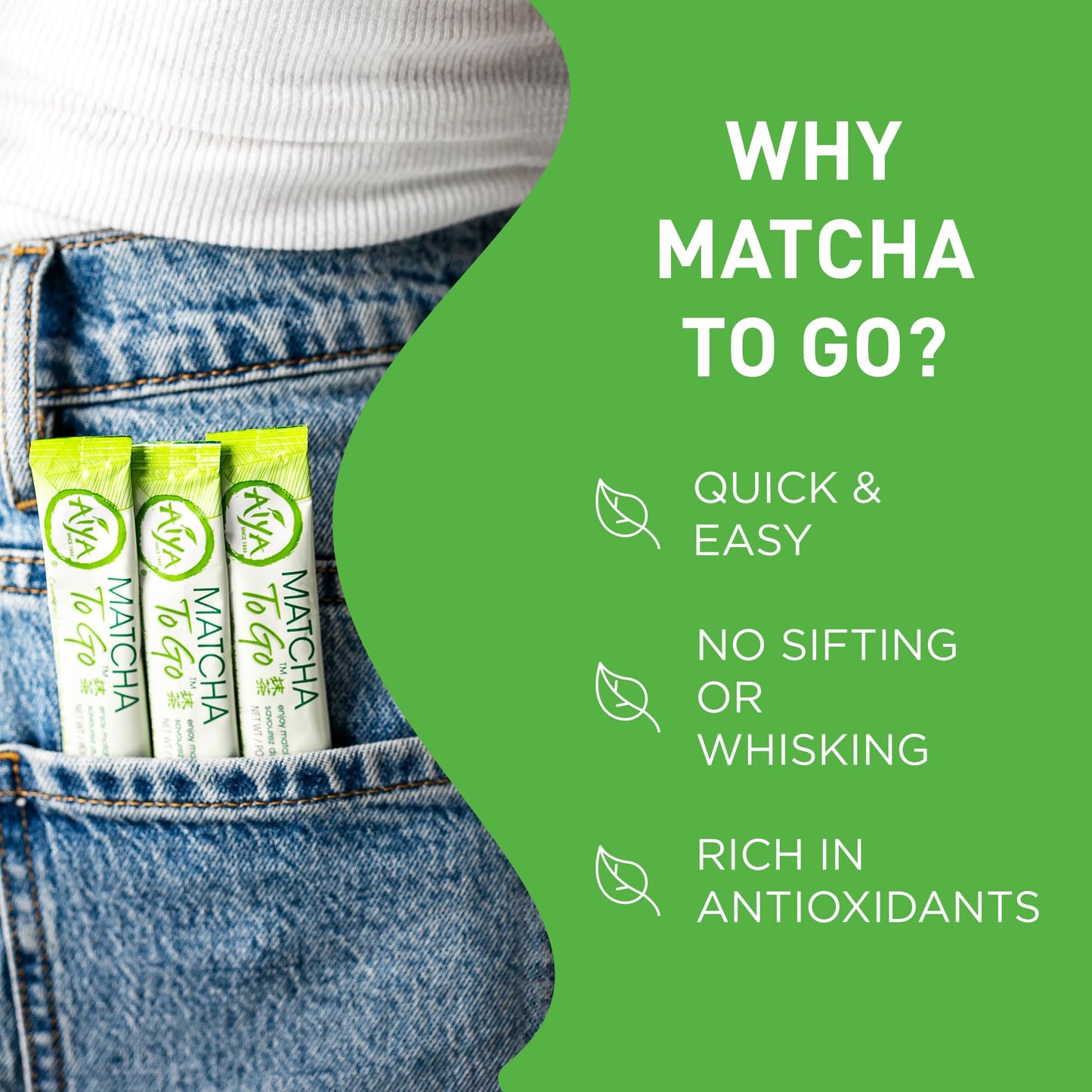 Aiya Matcha To Go Single Serve Packs - Ceremonial Grade Pure Matcha Green Tea Powder (10 Count)