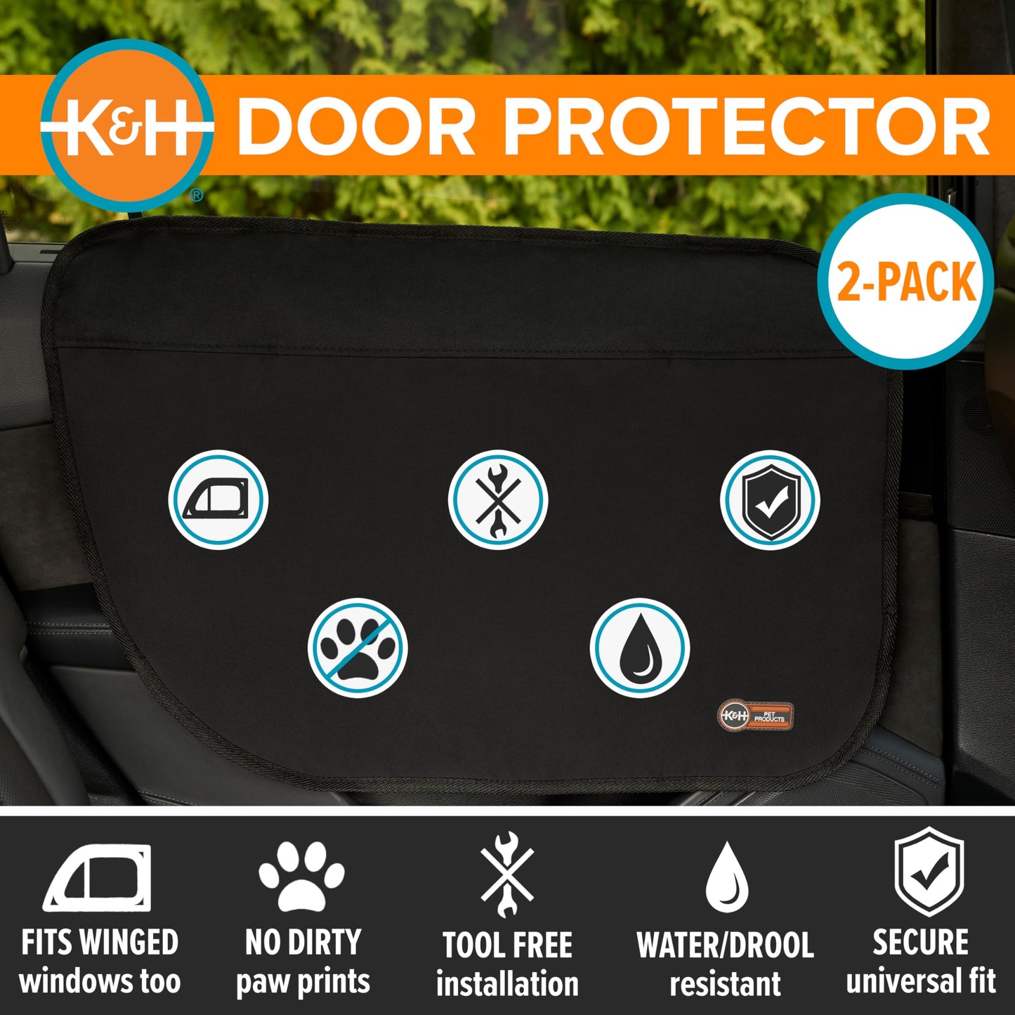 K&H Pet Products Car Door Protector for Dogs, 2 Pack Waterproof Interior Pet Car Door Protector from Dog Scratching, Stay Put Cover Design, Fits Most Vehicles, Washable - 27 x 19in Black