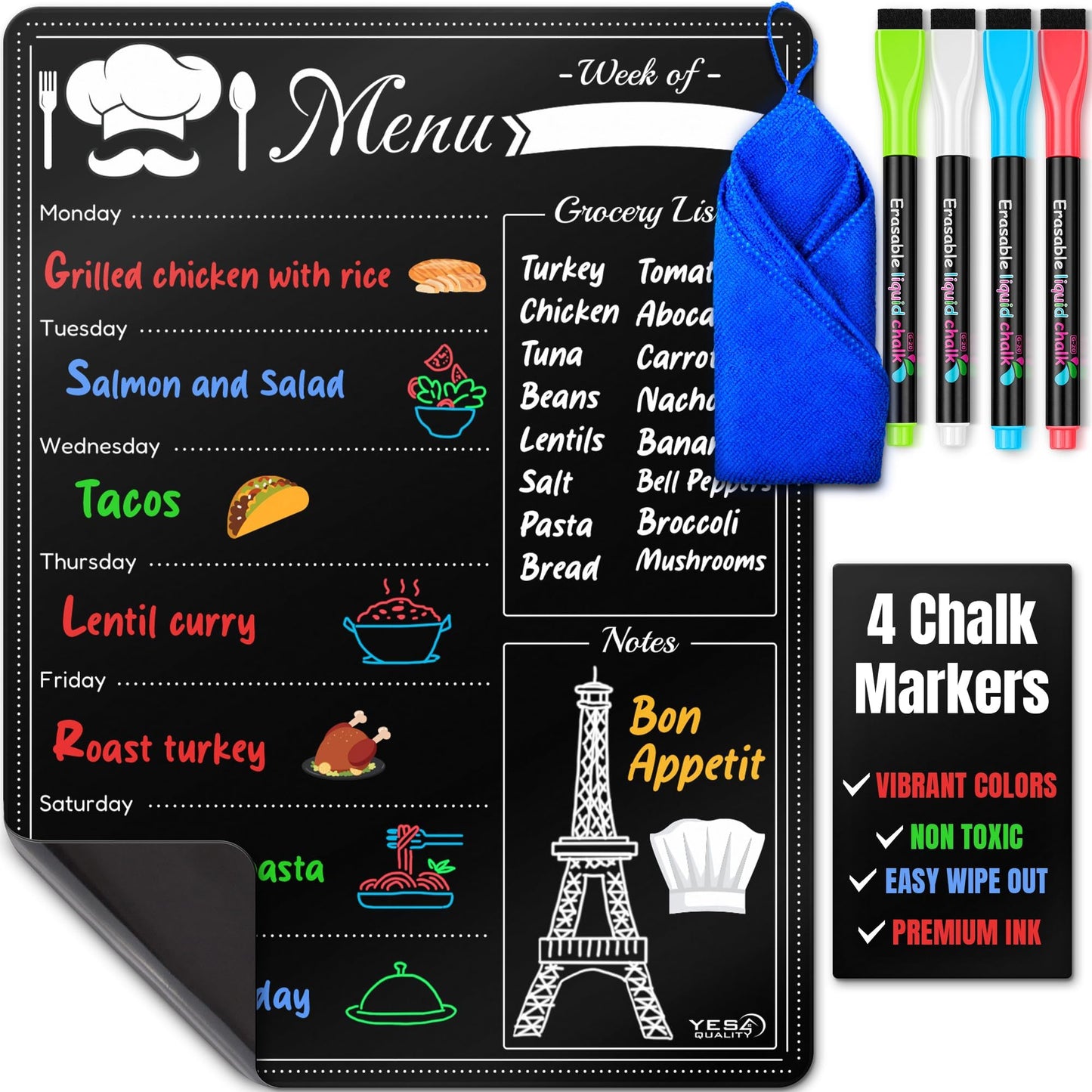 Magnetic Dry Erase Menu Board for Fridge (16x12) - Weekly Meal Planner Blackboard w/ 4 Magnetic Chalk Markers & Wiping Cloth - Chalkboard Organizer for Dinner Menus & Grocery Lists by Yes4Quality