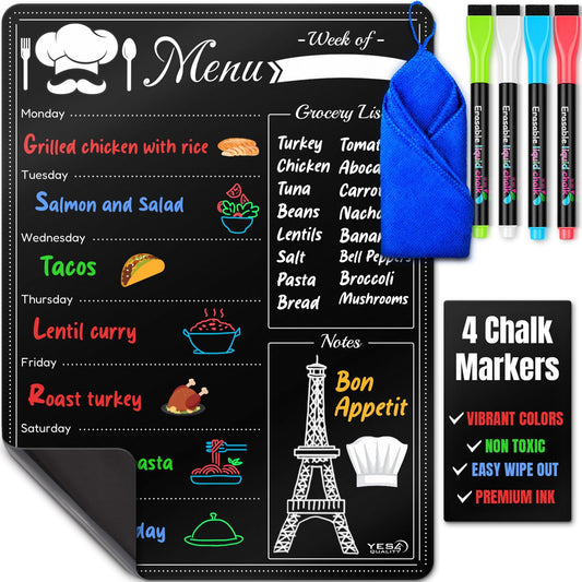 Magnetic Dry Erase Menu Board for Fridge (16x12) - Weekly Meal Planner Blackboard w/ 4 Magnetic Chalk Markers & Wiping Cloth - Chalkboard Organizer for Dinner Menus & Grocery Lists by Yes4Quality