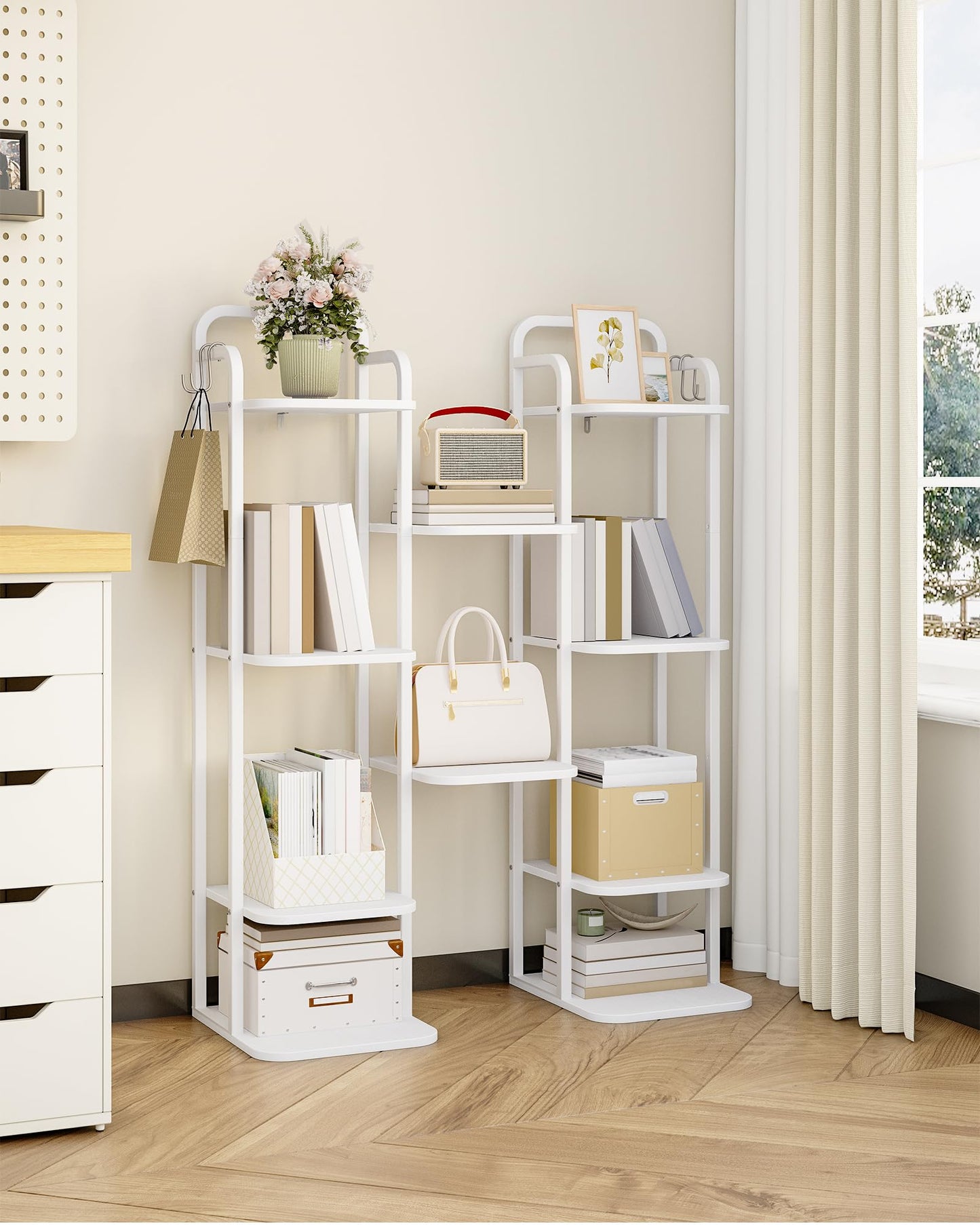 Hzuaneri 6 Tiers Vertical Shoe Rack, Narrow Shoe Tower, Tall Shoes Shelf with 2 Hooks, Adjustable Shelves, Corner Shoes Shelves for Small Spaces, Entryway, Living Room, White SR04213W