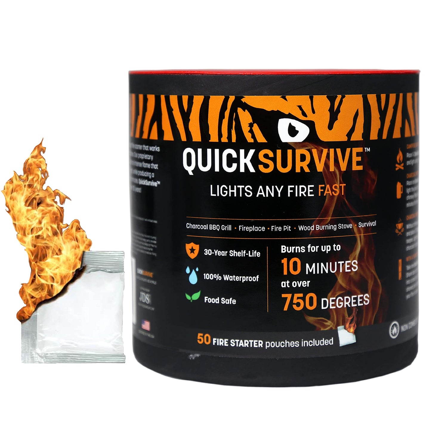 QuickLight by QUICKSURVIVE All-Purpose 100% Waterproof Fire Starters - Fire Starters for Campfires, Wood, Fire Pit, Fireplace, Charcoal, & More - All-Weather & Non-Combustible - 50 Piece Canister