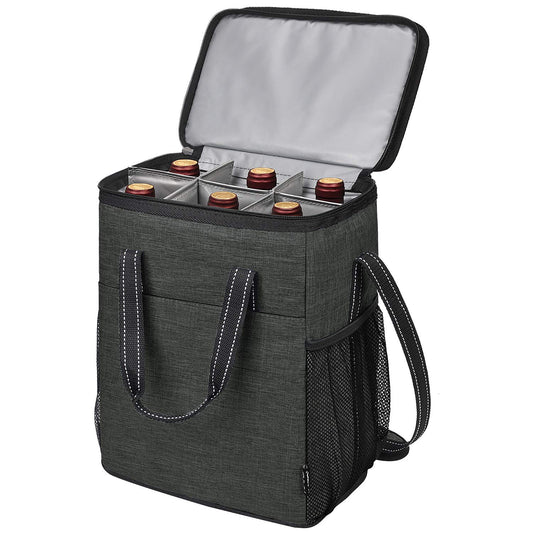 6 Bottle Wine Gift carrier - Insulated & Padded Wine Carrying Cooler Tote Bag with Handle and Adjustable Shoulder Strap for Travel or Picnic, IDEAL Wine Lover Gift, Black