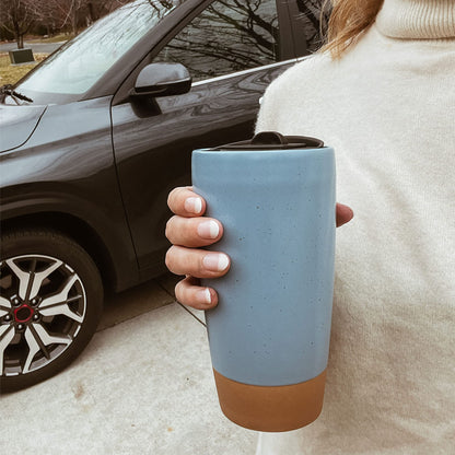 Mora Double Wall Ceramic Coffee Travel Mug with Lid, 14 oz, Portable, Microwave, Dishwasher Safe, Insulated Reusable Tall Cup, Splash Resistant Lid - To Go Tumbler for Car Cup Holder, Dusty Blue