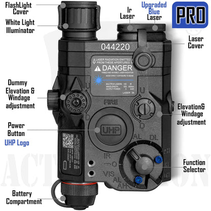 ACTIONUNION Airsoft PEQ-15S Pro UHP Visible Blue Laser + IR Laser + White LED Flashlight (Black)