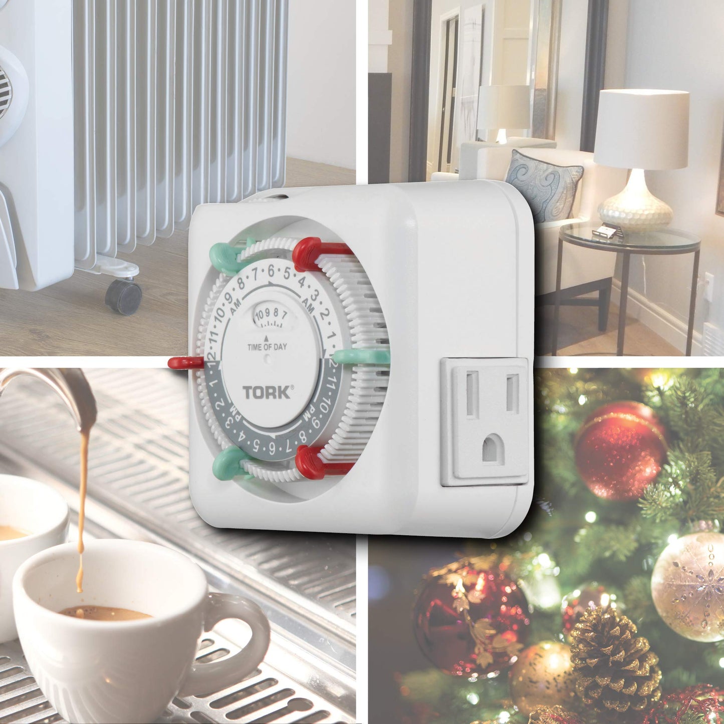 NSi Industries TORK RTN312 Indoor 15-Amp Plug-in Heavy Duty Mechanical Appliance Timer 24-Hour Programming – GREEN & RED Trippers TWO Receptacles White
